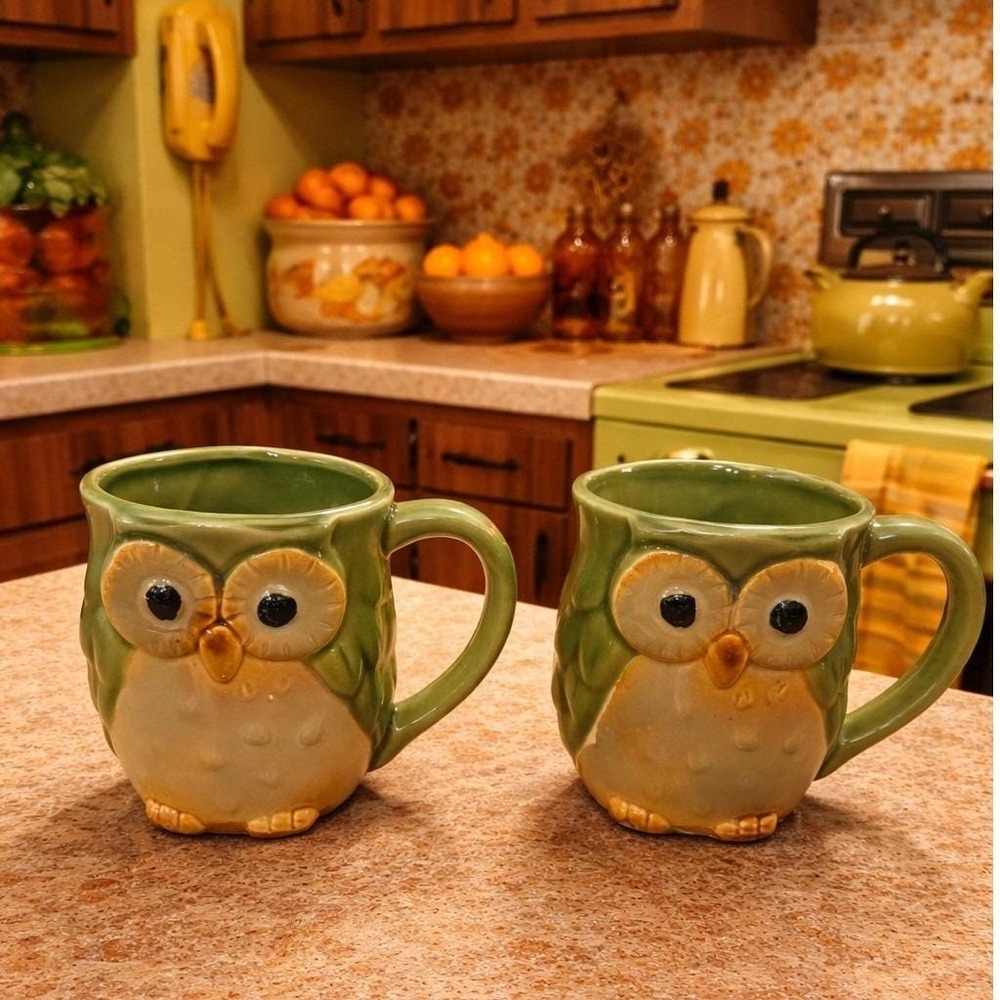 Owl Ceramic Coffee Mugs Set of 2 Green Whimsical Kitchenware Drinkware